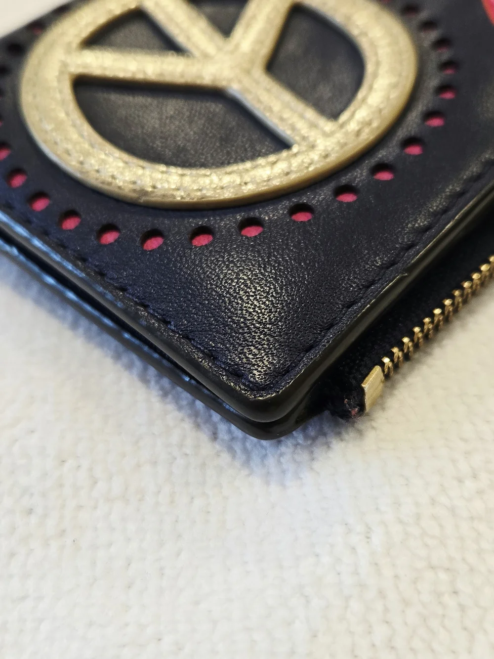 Tory Burch Navy Blue Peace and Love Mini Leather Zip Wallet EUC